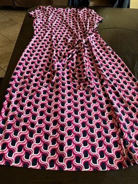 Talbots Pink and Navy Geometric Faux Wrap Dress